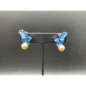 Vintage Bogoff Rhinestone Earrings Blue Baguette Spray Faux Pearl Clip-On‎